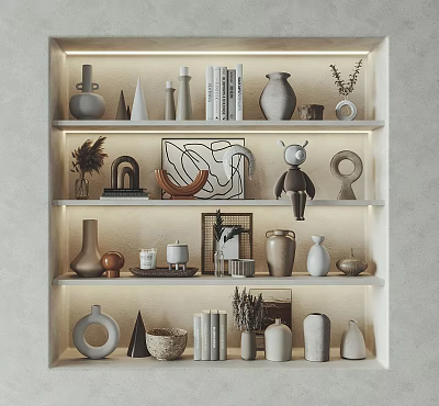 Decorative Ornament Set on Display Shelves with Vases Books Sculptures Geometric Shapes and Warm Lighting 3d model