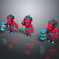 Red Game Movie Characters In Three Different Poses Holding Blue Objects 3d model