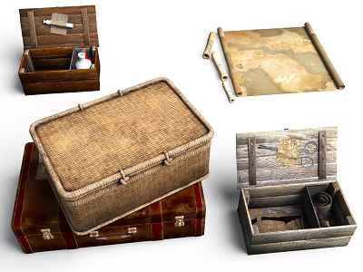 Vintage Wooden Wicker And Leather Boxes With Open Lids And Old Items 3d model