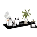 Modern Bathroom Set with Black Tray Bottles Aromatherapy and Green Plant Decor