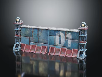 Blue Wall Decorative Structure With Number 01 Red Bases And Tower Lights 3d model