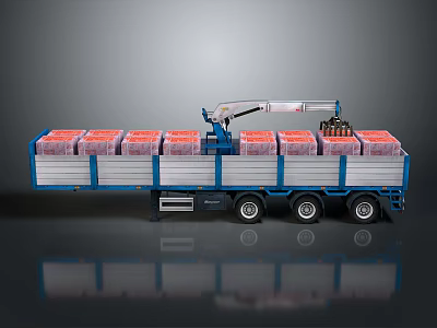 Blue Cargo Truck With Crane Arm Lifting Red Packages On Multi Wheel Trailer 3d model