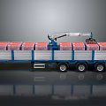 Blue Cargo Truck With Crane Arm Lifting Red Packages On Multi Wheel Trailer