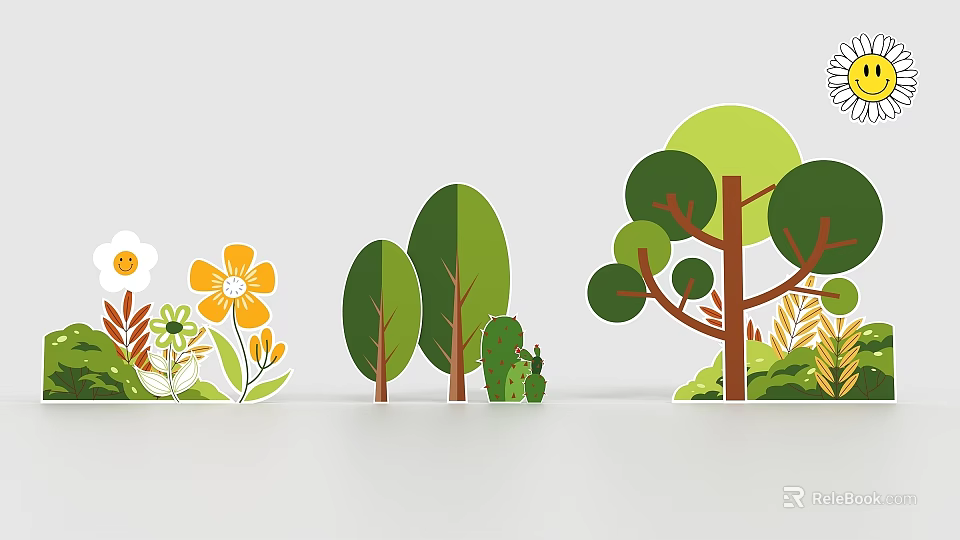 Natural Garden Elements With Various Trees Yellow White Flowers Green Shrubs And Grass 3d model 