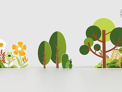Natural Garden Elements With Various Trees Yellow White Flowers Green Shrubs And Grass 3d model