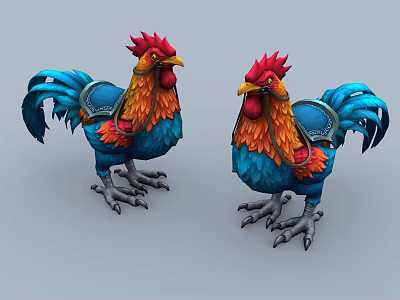 Colorful Roosters With Red Combs Blue And Orange Feathers Armor Like Saddles On Their Backs 3d model