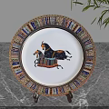 Ornamental Decorative Set Featuring Circular Plate With Horse Design And Colorful Border On Stand
