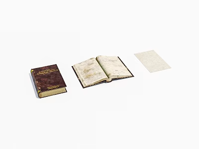 Vintage Books Collection Featuring Open Book With Handwritten Notes And Paper Sheet 3d model