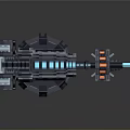 Sci-Fi Turret Weapon 3D Model with Gray Metal Body Orange Accents and Blue Energy Barrel