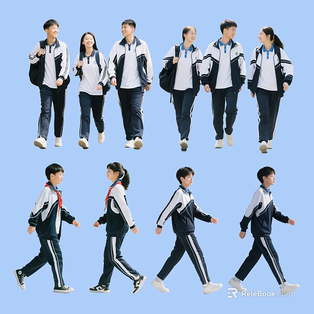 Group of Students Wearing School Uniforms Walking Actively Outdoors on Blue Sky 3d model 
