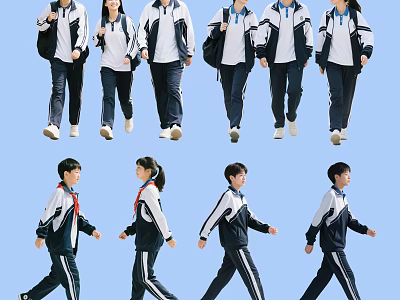 Group of Students Wearing School Uniforms Walking Actively Outdoors on Blue Sky 3d model