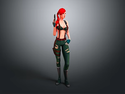 Game Movie Character With Red Hair Holding Gun Green Pants Black Top And Gloves 3d model