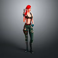 Game Movie Character With Red Hair Holding Gun Green Pants Black Top And Gloves