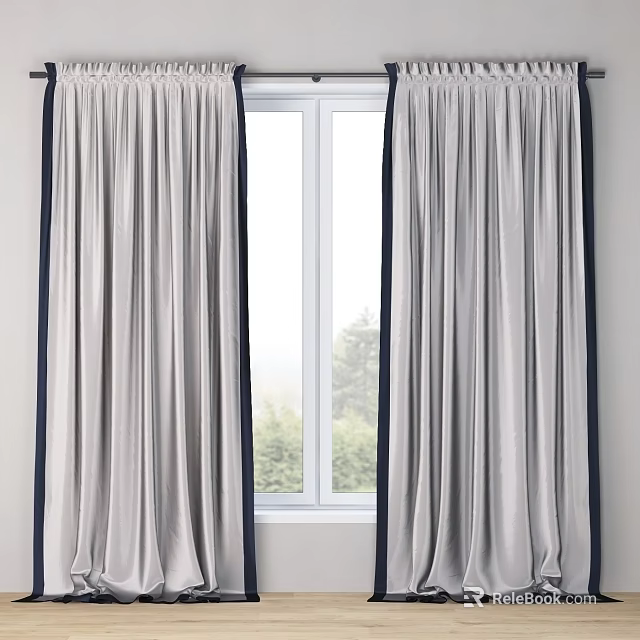 Elegant Light Gray Curtains For Window With Dark Trim Enhancing Green Trees View 3d model 