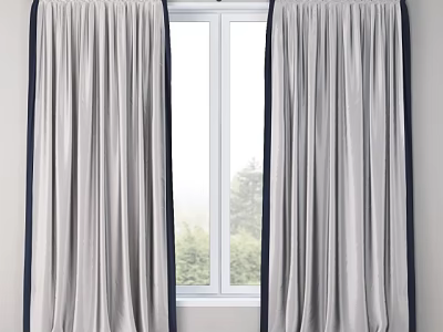 Elegant Light Gray Curtains For Window With Dark Trim Enhancing Green Trees View 3d model
