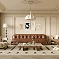 Elegant Living Room Interior With Brown Leather Sofa Coffee Table White Chandelier And Decorative Paintings