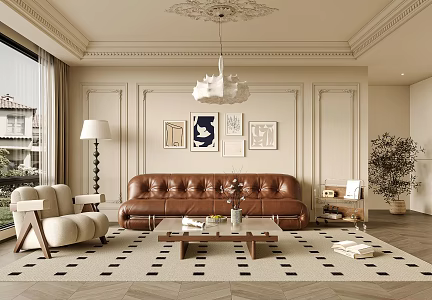 French Living Room Middle Ancient Living Room Sofa Coffee Table Combination Chandelier Floor Lamp Green Plant Plaster Line Background Wall Side Table 3d model