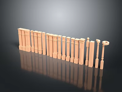 Wooden Pillars Arranged With Different Heights on Smooth Black Surface With Reflection and Gray Background 3d model