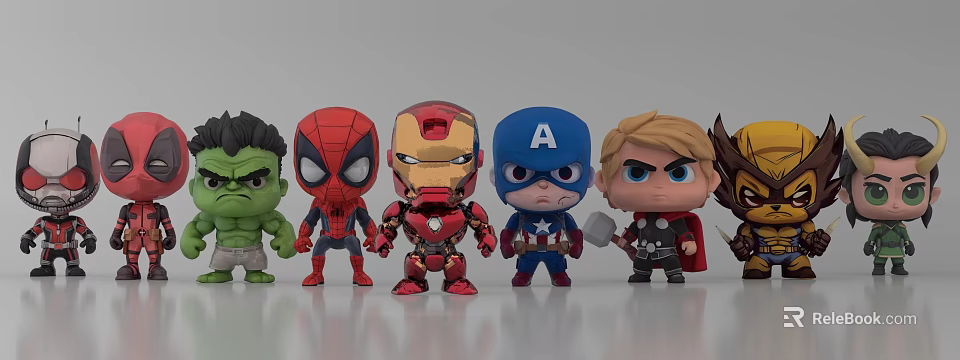 Cute Game Movie Character Figurines with Hulk Spider Man Iron Man Captain America Thor 3d model 