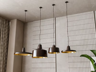 Four Modern Dark Brown Gold Pendant Lights Hanging In Interior With Gray Wall White Grid 3d model