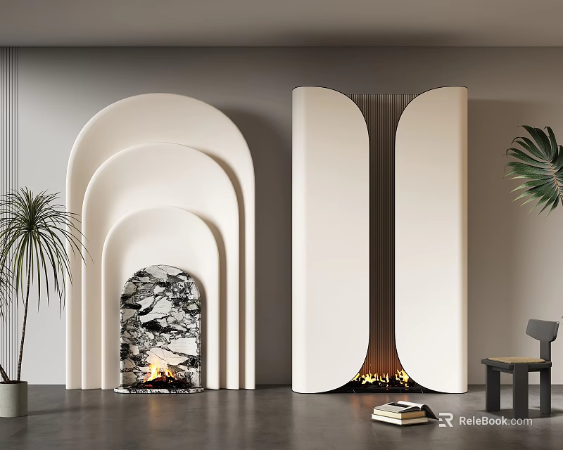 Elegant Modern Fireplace Interior Design With Arc Stone Accent And Palm Plant 3d model 