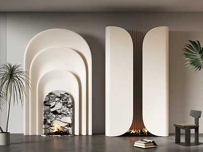 Elegant Modern Fireplace Interior Design With Arc Stone Accent And Palm Plant 3d model