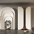 Elegant Modern Fireplace Interior Design With Arc Stone Accent And Palm Plant
