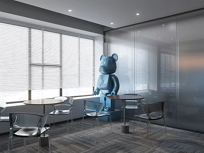 Casual Lounge Area Featuring Large Windows Blinds Blue Bear Sculpture Round Tables Chairs Glass Partitions 3d model