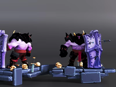 Horned Demon Warrior in Black Purple Armor Standing on Blue Platform with Skulls 3d model