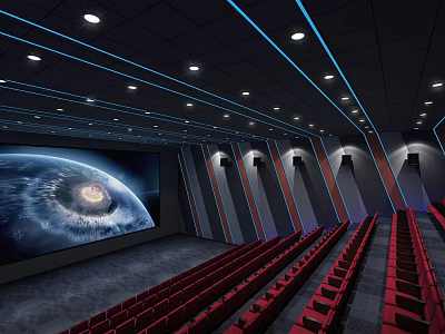 Futuristic Cinema Interior With Large Screen Red Seats And Blue Lighting 3d model