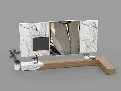 Modern Marble TV Wall Design With Wooden Console Screen And Potted Plants 3d model