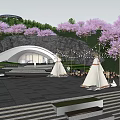 Modern Outdoor Event Plaza Space With Curved Building Tents Steps Trees And String Lights