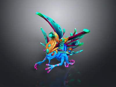 Colorful Fantasy Animal with Blue Body Vibrant Wings Yellow Decorations and Pink Claws 3d model