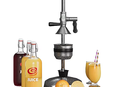 Manual Juice Press Machine with Bottles of Juice Glasses and Fresh Oranges 3d model