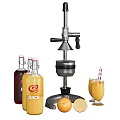 Manual Juice Press Machine with Bottles of Juice Glasses and Fresh Oranges