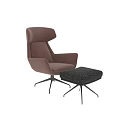 Modern Brown Upholstered Armchair With Matching Ottoman And Black Metal Legs
