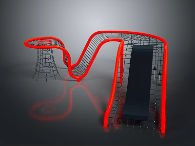 Indoor Red Frame Climbing Play Equipment With Net Structure Ramp And Modern Design 3d model