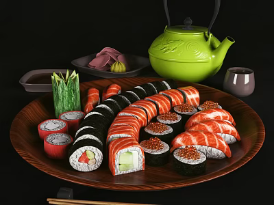 Fresh Assorted Sushi Platter with Maki Rolls Nigiri and Green Teapot on Wooden Serving Tray 3d model