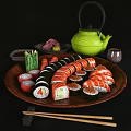 Fresh Assorted Sushi Platter with Maki Rolls Nigiri and Green Teapot on Wooden Serving Tray