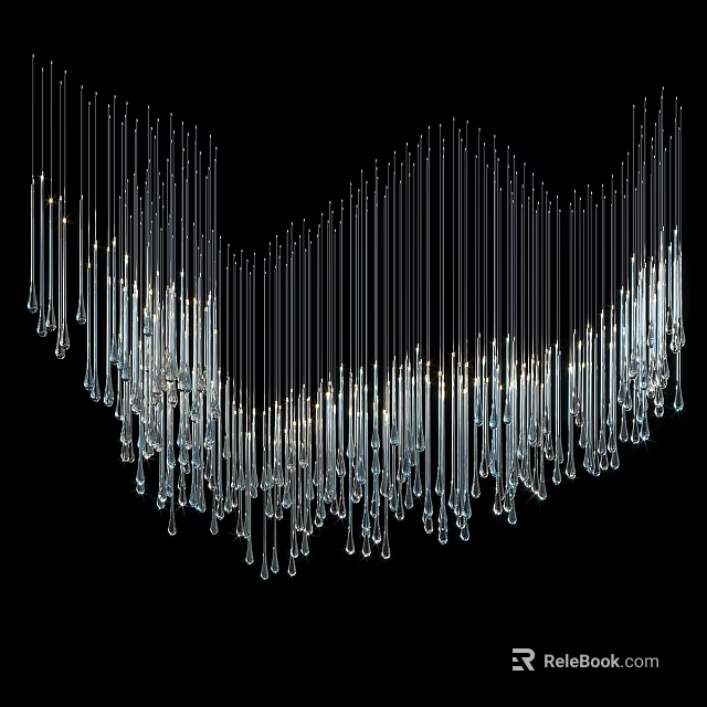 Modern Artistic Chandelier With Slender Transparent Glass Tubes Wave Shaped Arrangement And Water Drop Decorations 3d model 