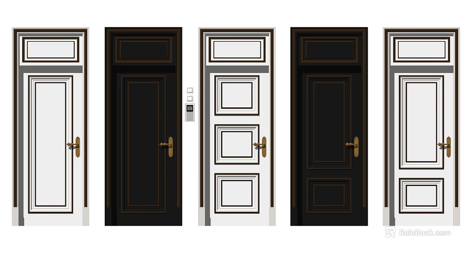 Hinged Doors With Black And White Panel Designs For Home Interior Decoration 3d model