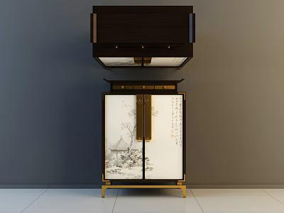 Traditional Chinese Entryway Console Cabinet With Landscape Painting Golden Handles And White Panels 3d model