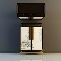 Traditional Chinese Entryway Console Cabinet With Landscape Painting Golden Handles And White Panels