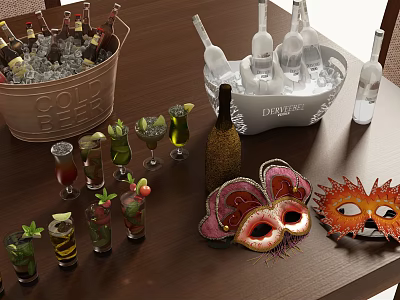 Wine Bottles And Glasses With Ice Buckets Cocktails And Colorful Masks On Bar Table 3d model