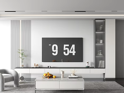 Modern Minimalist TV Background Wall With Flat Screen TV Vertical Lines And Decorative Plants 3d model