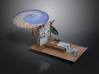 Japanese Scenic Structure With Blue Umbrella Yellow Patterns Wooden Platform Screen Tea Set And Mat 3d model