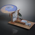 Japanese Scenic Structure With Blue Umbrella Yellow Patterns Wooden Platform Screen Tea Set And Mat