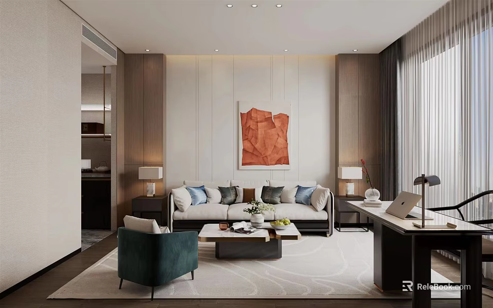 Modern Hotel Guest Room Interior With Sofa Coffee Table Work Desk And Abstract Artwork 3d model