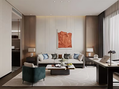 Modern Hotel Guest Room Interior With Sofa Coffee Table Work Desk And Abstract Artwork 3d model