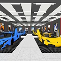 Luxury Car Showroom Display With Blue And Orange Sports Cars And Modern Lighting